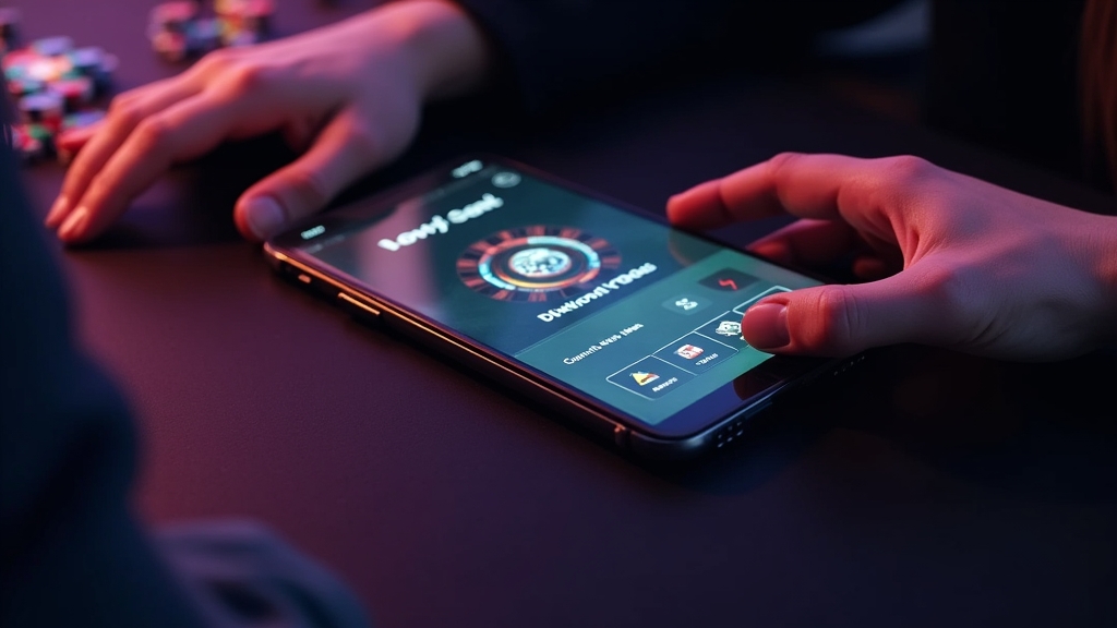 Celular Android exibindo a tela de download do app em ambiente de cassino escuro