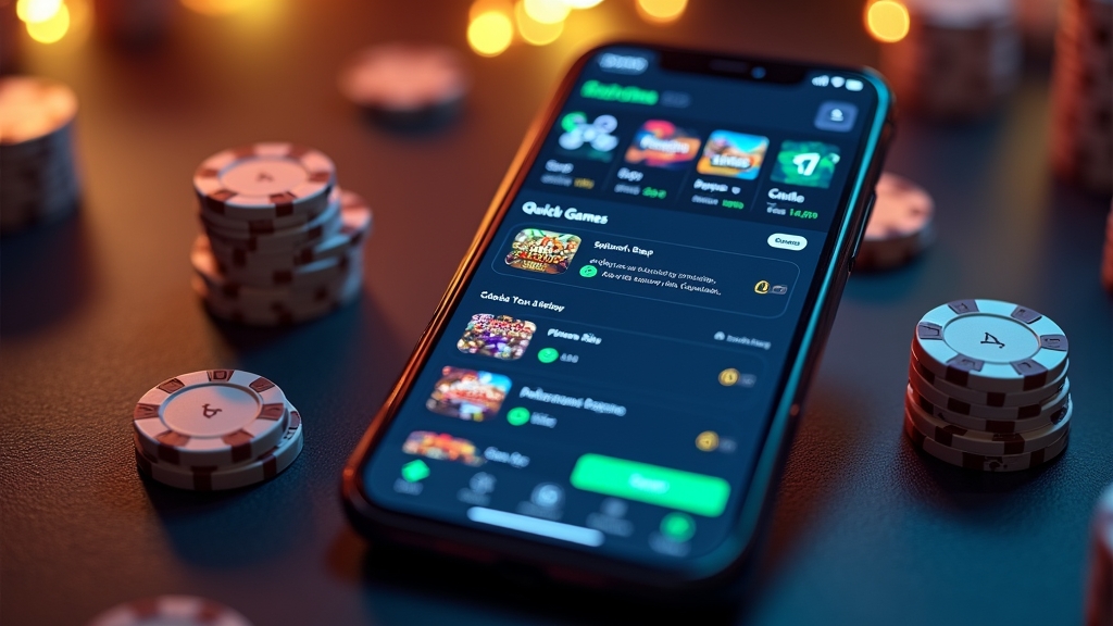 Painel de app de cassino com apostas, jogos e recursos móveis