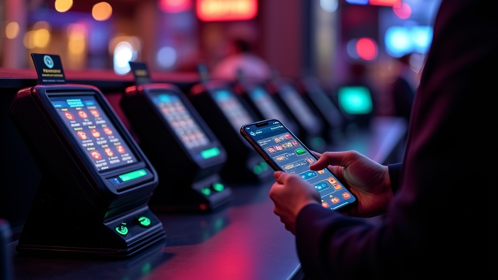 Jogador confirma depósito em caixa de cassino com luzes neon