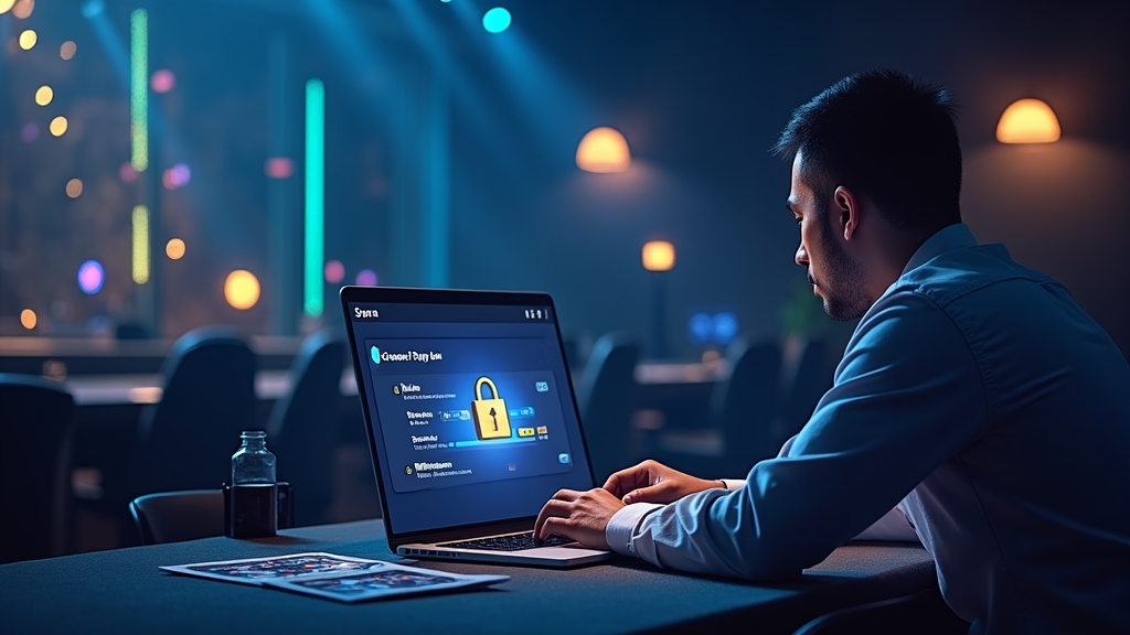 Usuário solicita saque em laptop com painel de status e ícones de segurança